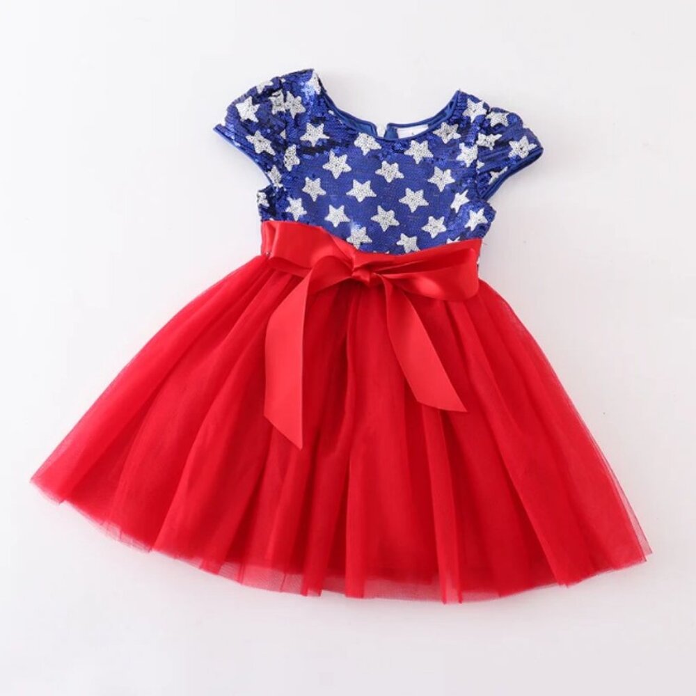 Girls Red Tulle Party Dress with Blue Star Bodice